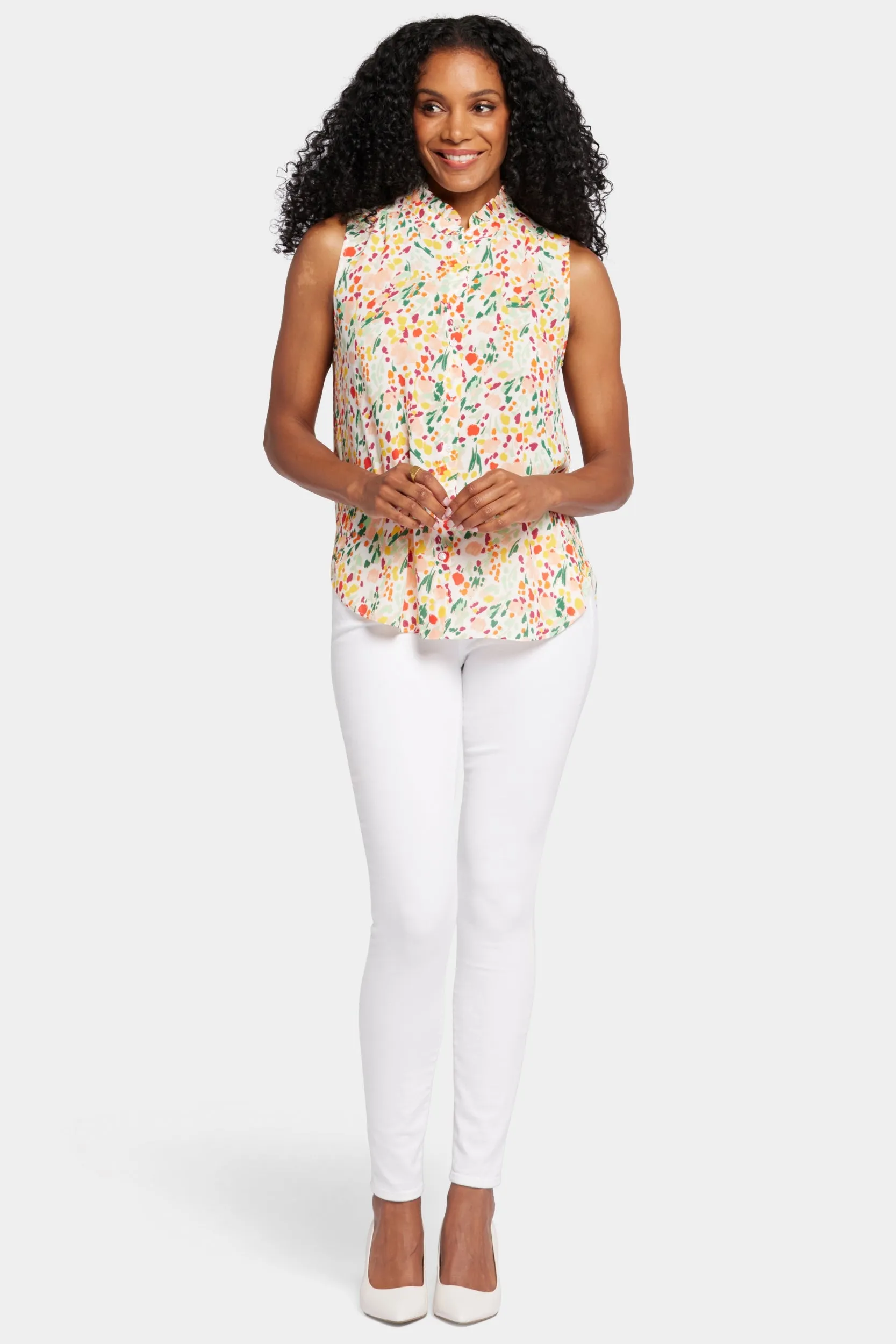Sleeveless Ruffle Neck Blouse Abstract Floral Print | Veronica Springs