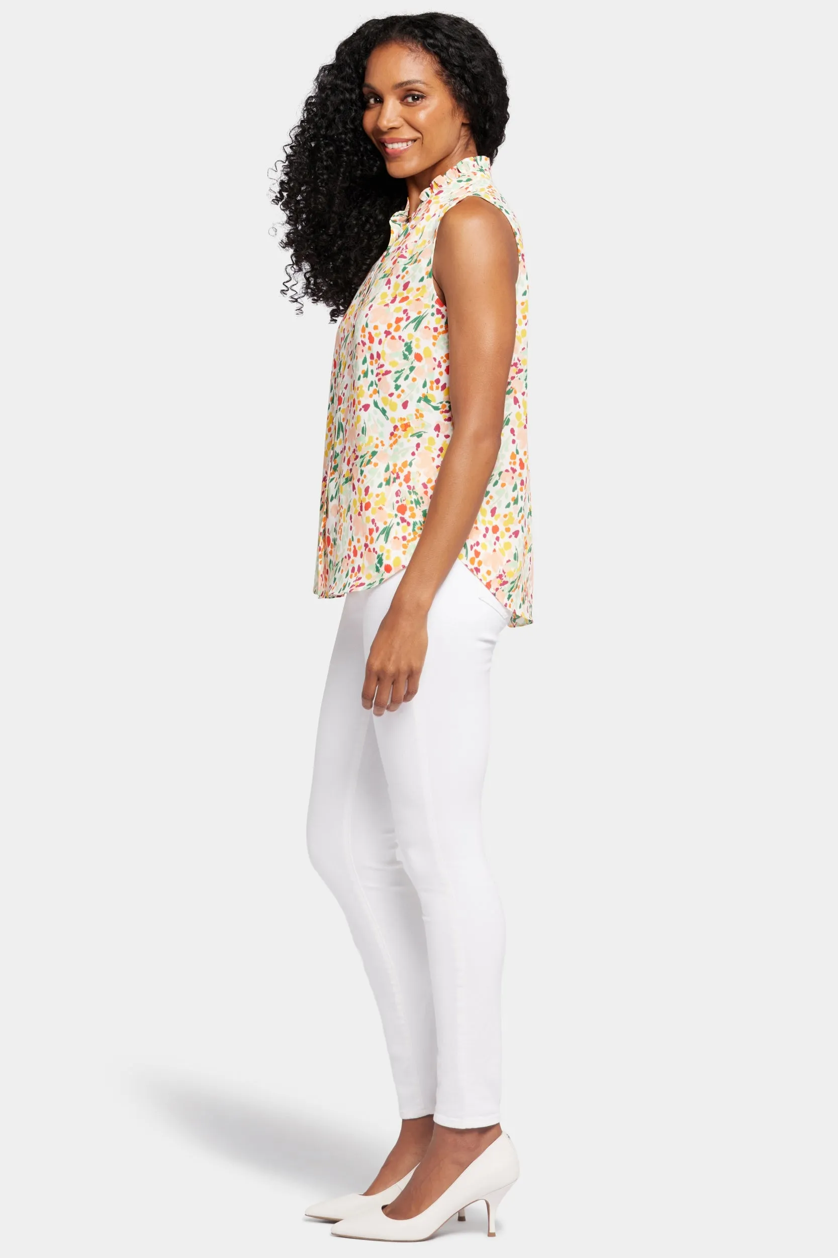 Sleeveless Ruffle Neck Blouse Abstract Floral Print | Veronica Springs