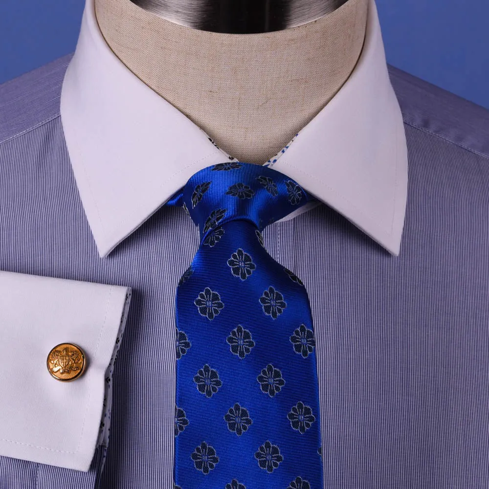 Solid Navy Blue Business Dress Shirt Formal White Collar & Cuff Contrast Floral in French Cuffs and Spread Collar