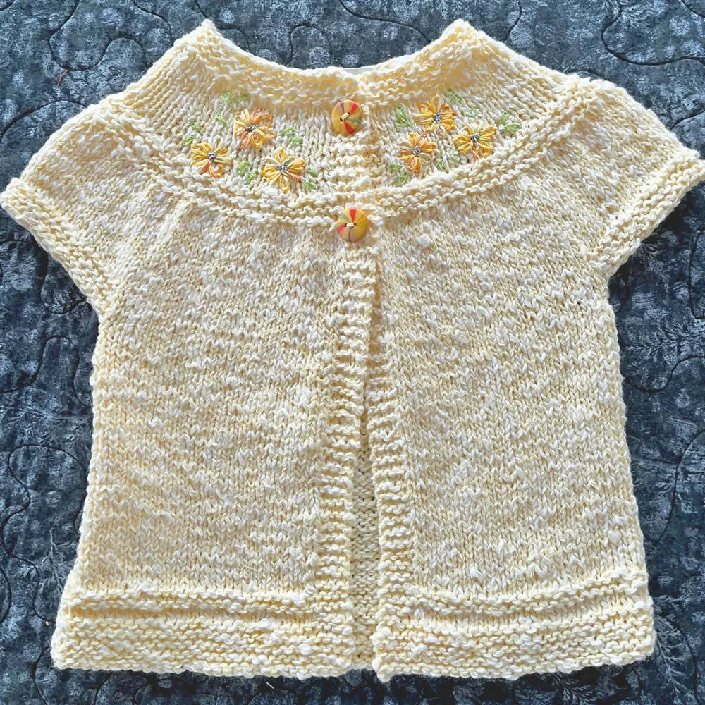 Special occasion cardigan. Blue with hand embroidered flowers. Wedding, baptism.