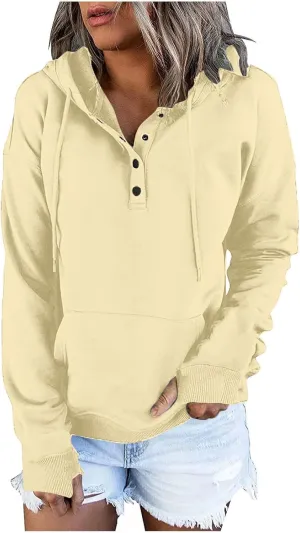 Stessotudo Womens Hoodies Casual Long Sleeve Solid Sweatshirts Buttons Drawstring Athletic Pullover Hooded Tops with Pocket