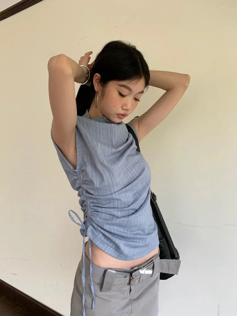 Striped Irregular Drawstring Lace Up High Neck Tees