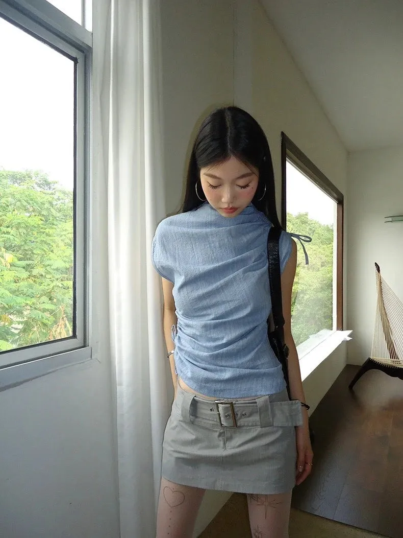 Striped Irregular Drawstring Lace Up High Neck Tees
