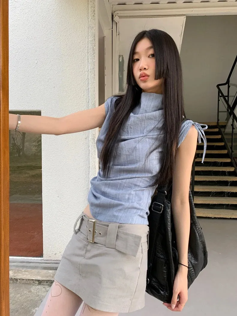 Striped Irregular Drawstring Lace Up High Neck Tees