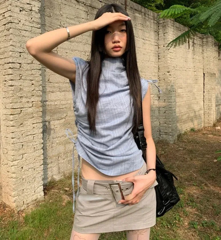 Striped Irregular Drawstring Lace Up High Neck Tees