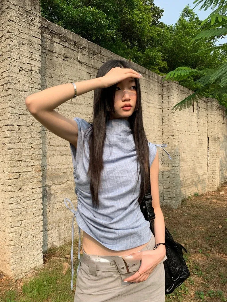 Striped Irregular Drawstring Lace Up High Neck Tees