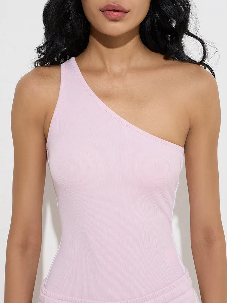 Studiofit Pink Ribbed-Textured One-Shoulder Bodysuit