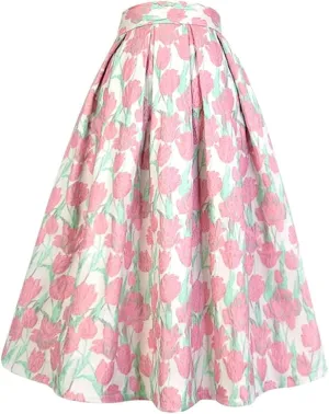 Summer Vintage Sweet Pink Floral Embroidery High Waist Long Pleated Midi Skirt Party Holiday 01 XXXL#85cm Length