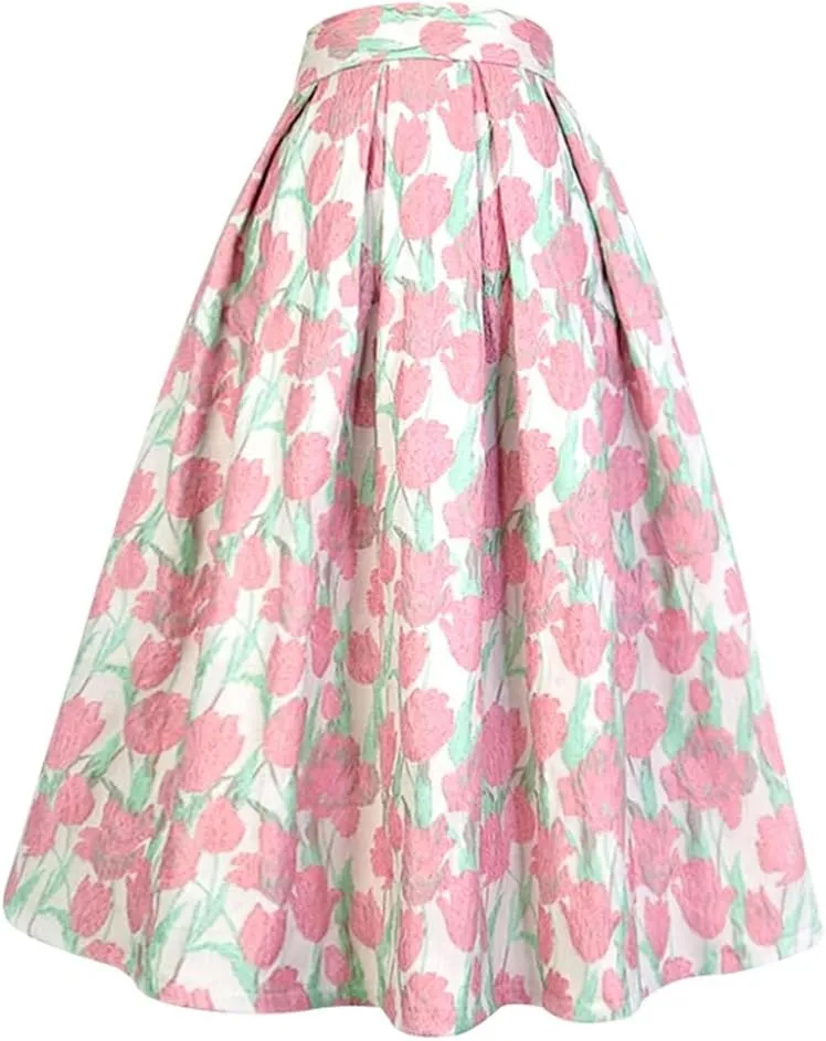 Summer Vintage Sweet Pink Floral Embroidery High Waist Long Pleated Midi Skirt Party Holiday 01 XXXL#85cm Length