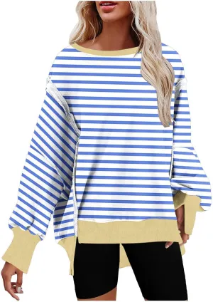 Sweatshirts for Women Striped Oversized Hoodies Long Sleeve Crewneck Fall Outfits Fashion Pullover Tops