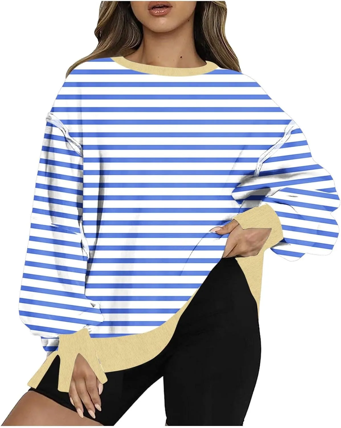 Sweatshirts for Women Striped Oversized Hoodies Long Sleeve Crewneck Fall Outfits Fashion Pullover Tops
