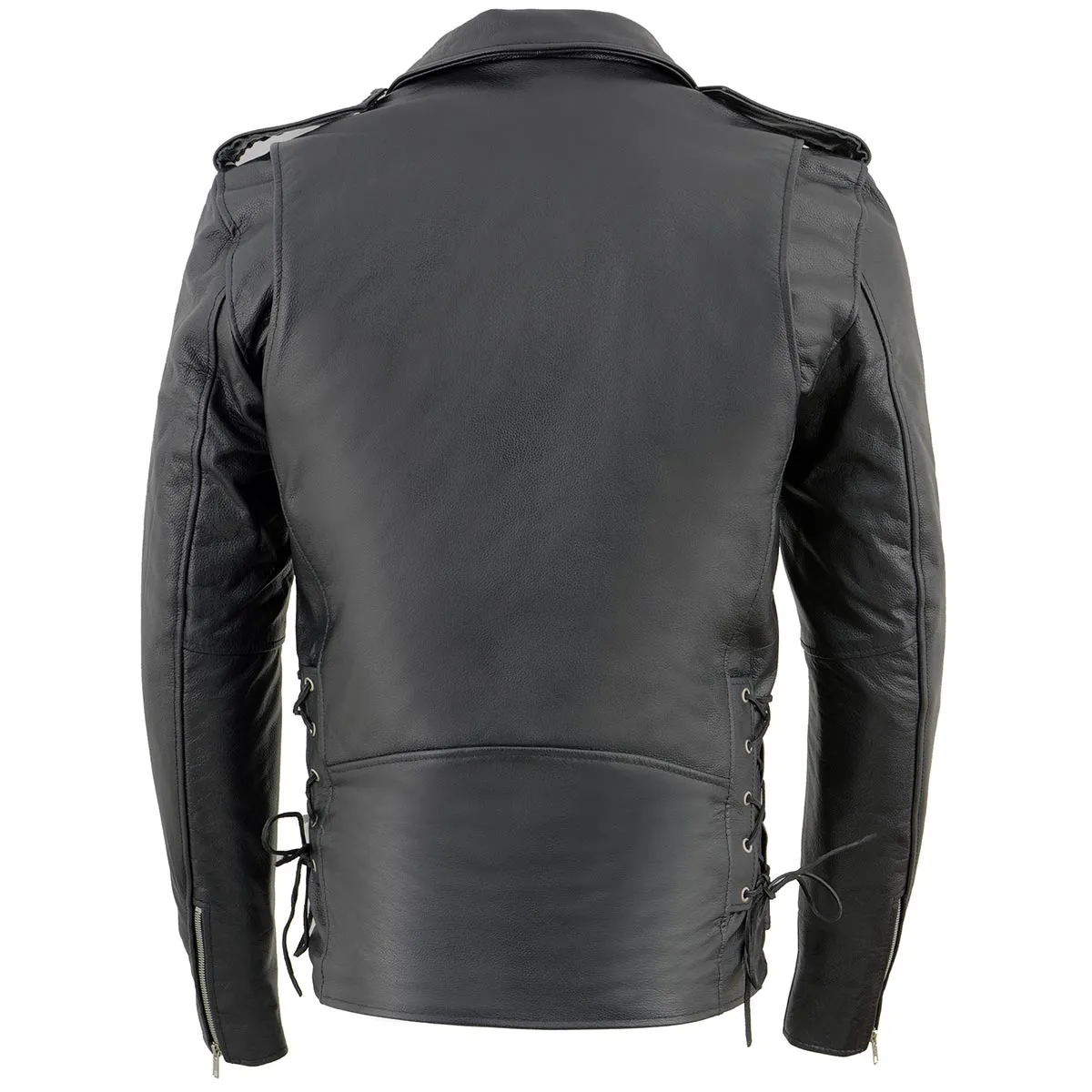 TALL SH1011TALL Black Classic Brando Motorcycle Jacket for Men Made of Cowhide Leather w/ Side Lacing