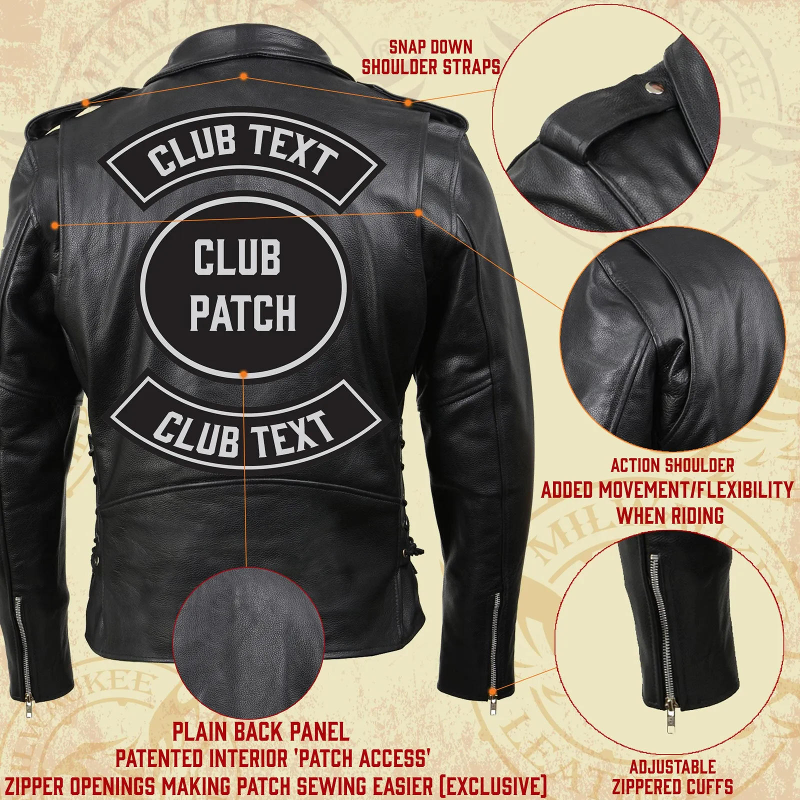 TALL SH1011TALL Black Classic Brando Motorcycle Jacket for Men Made of Cowhide Leather w/ Side Lacing