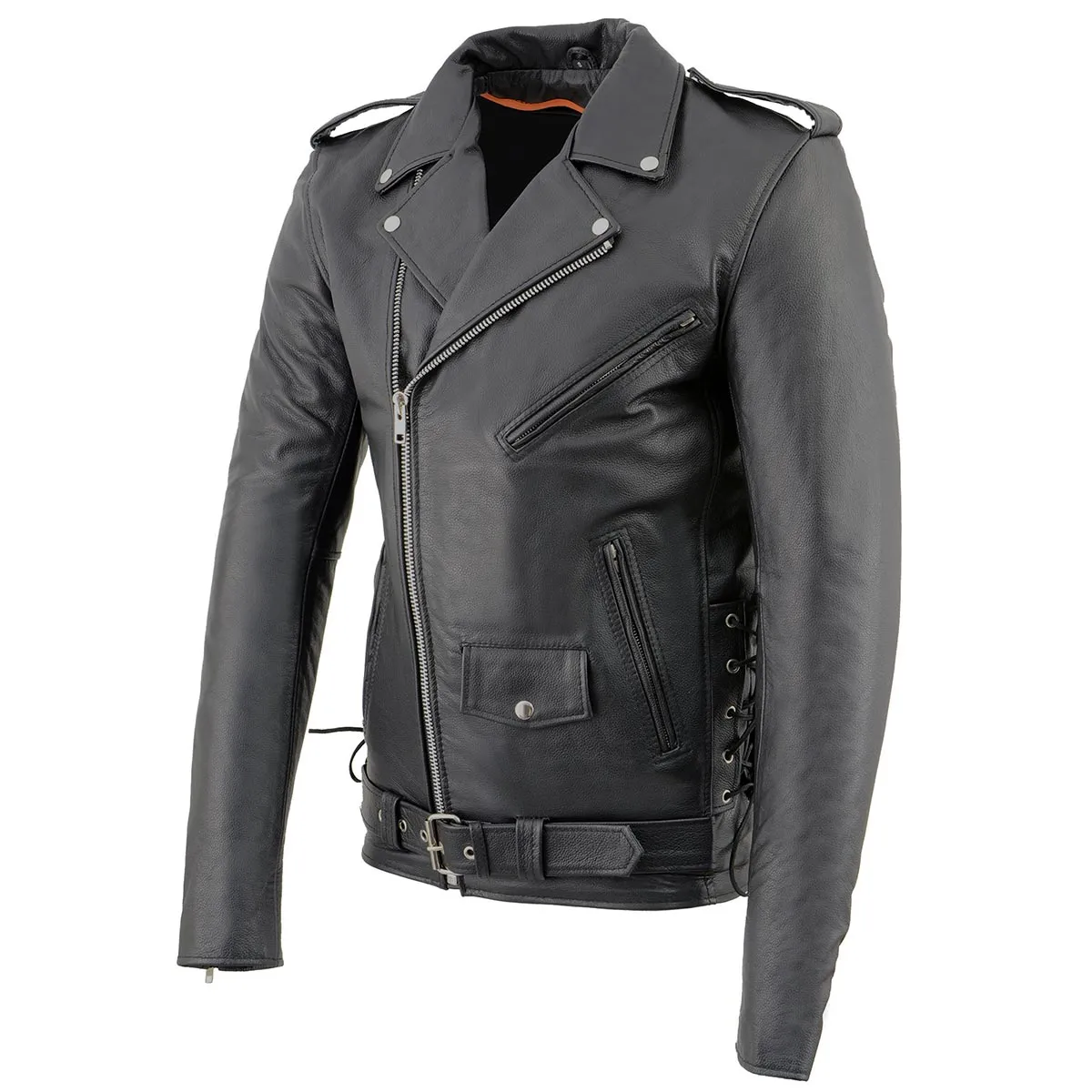 TALL SH1011TALL Black Classic Brando Motorcycle Jacket for Men Made of Cowhide Leather w/ Side Lacing
