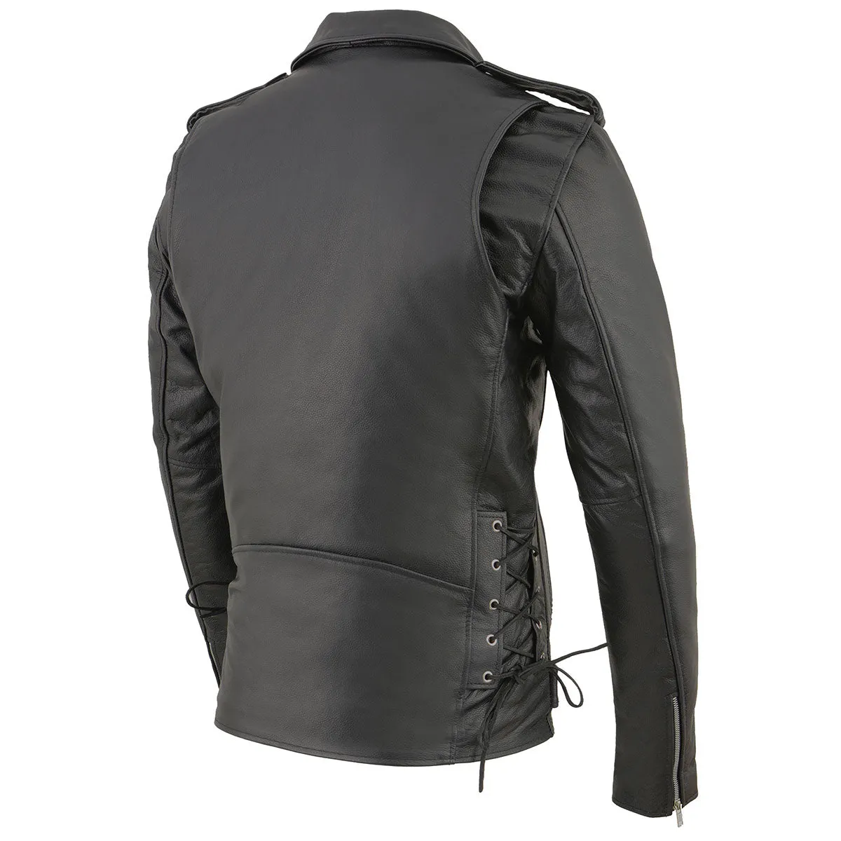 TALL SH1011TALL Black Classic Brando Motorcycle Jacket for Men Made of Cowhide Leather w/ Side Lacing