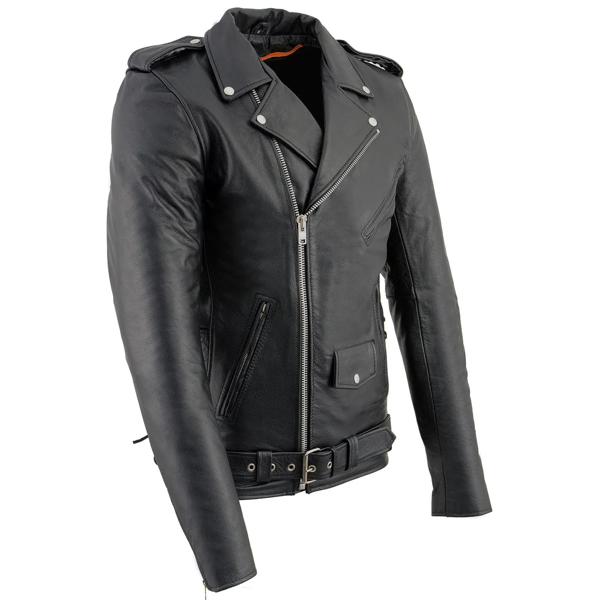 TALL SH1011TALL Black Classic Brando Motorcycle Jacket for Men Made of Cowhide Leather w/ Side Lacing