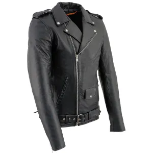 TALL SH1011TALL Black Classic Brando Motorcycle Jacket for Men Made of Cowhide Leather w/ Side Lacing