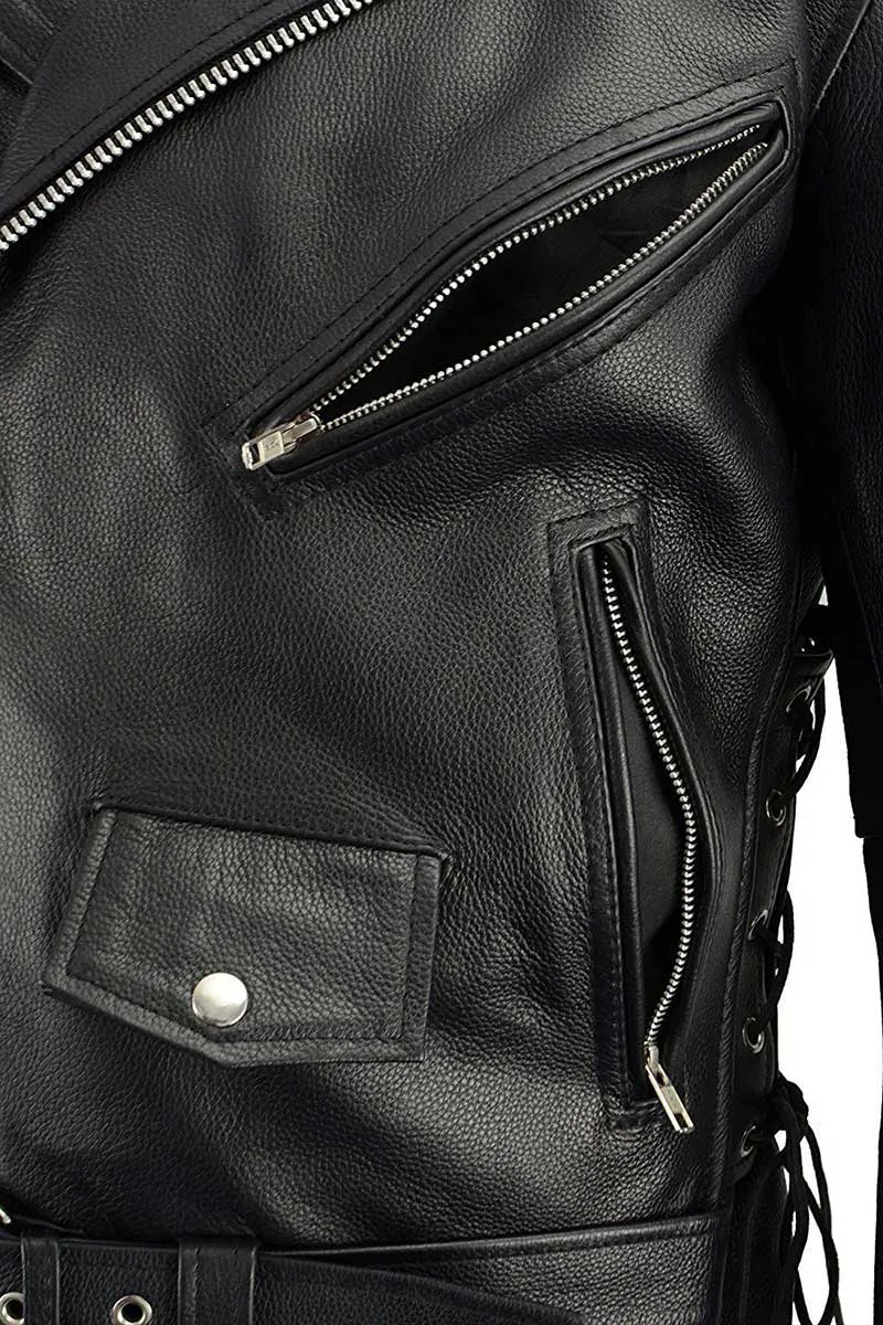 TALL SH1011TALL Black Classic Brando Motorcycle Jacket for Men Made of Cowhide Leather w/ Side Lacing