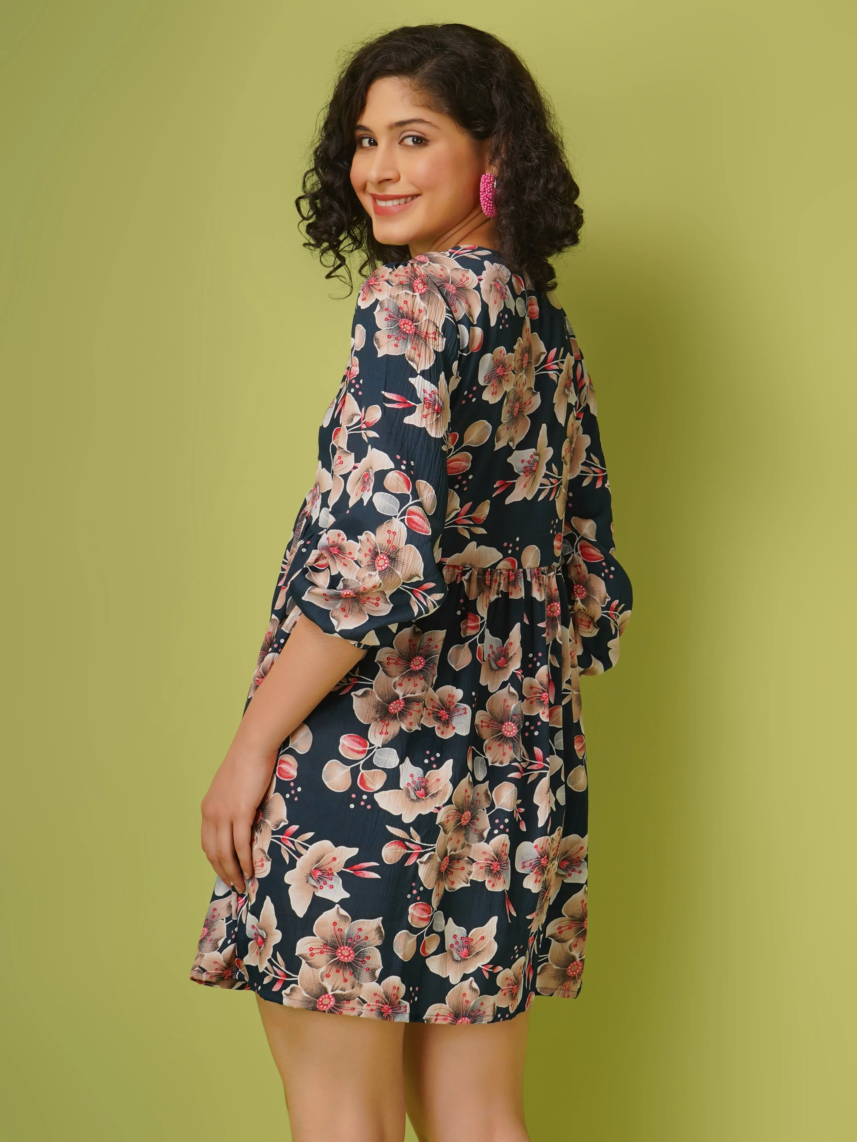 Teal Poly Blend Floral Printed Mini Dress
