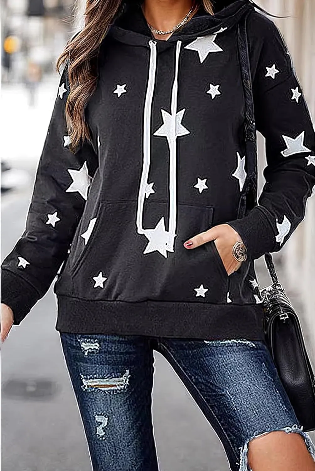 TIAFORD Women's Long Sleeve Star Graphic Hoodies Fall Casual Oversized Hoodie Cute Pullover Tops with Pocket