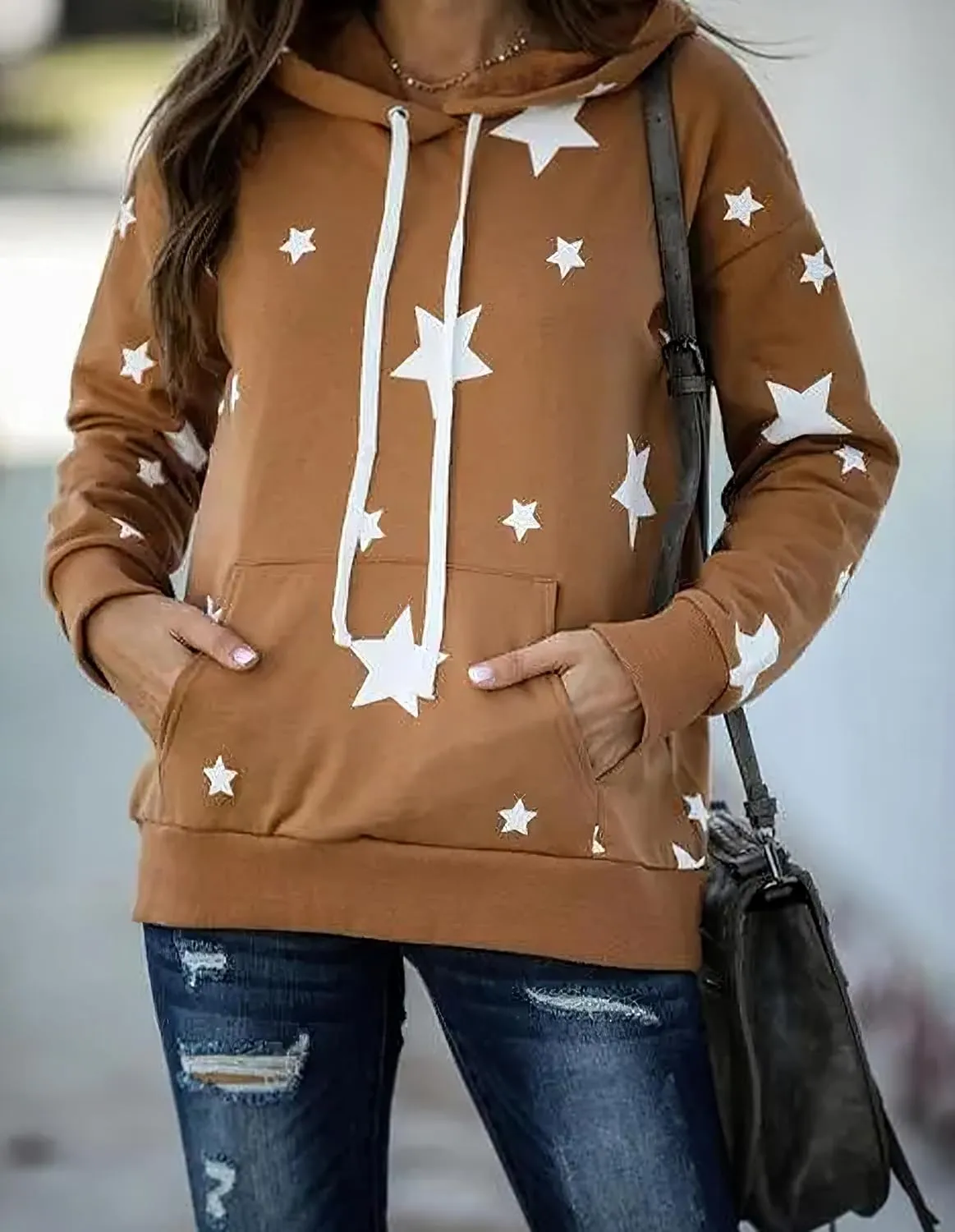 TIAFORD Women's Long Sleeve Star Graphic Hoodies Fall Casual Oversized Hoodie Cute Pullover Tops with Pocket