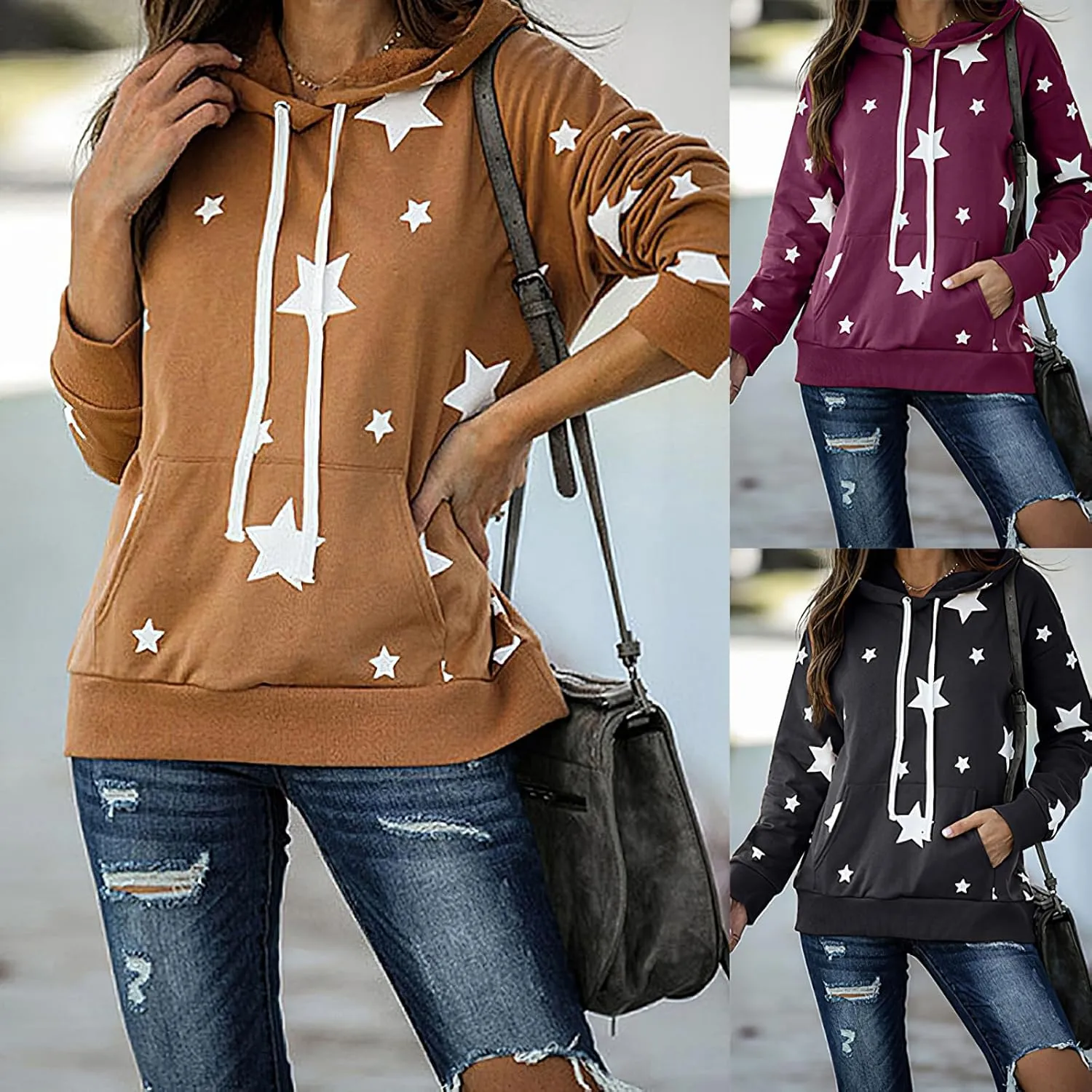 TIAFORD Women's Long Sleeve Star Graphic Hoodies Fall Casual Oversized Hoodie Cute Pullover Tops with Pocket