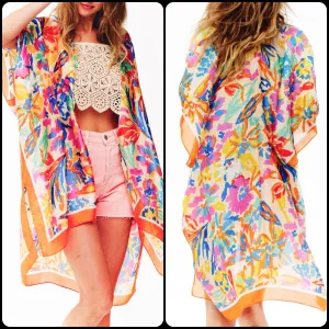 Translucent Contrast Trim Floral Women's Cover Up Kimono