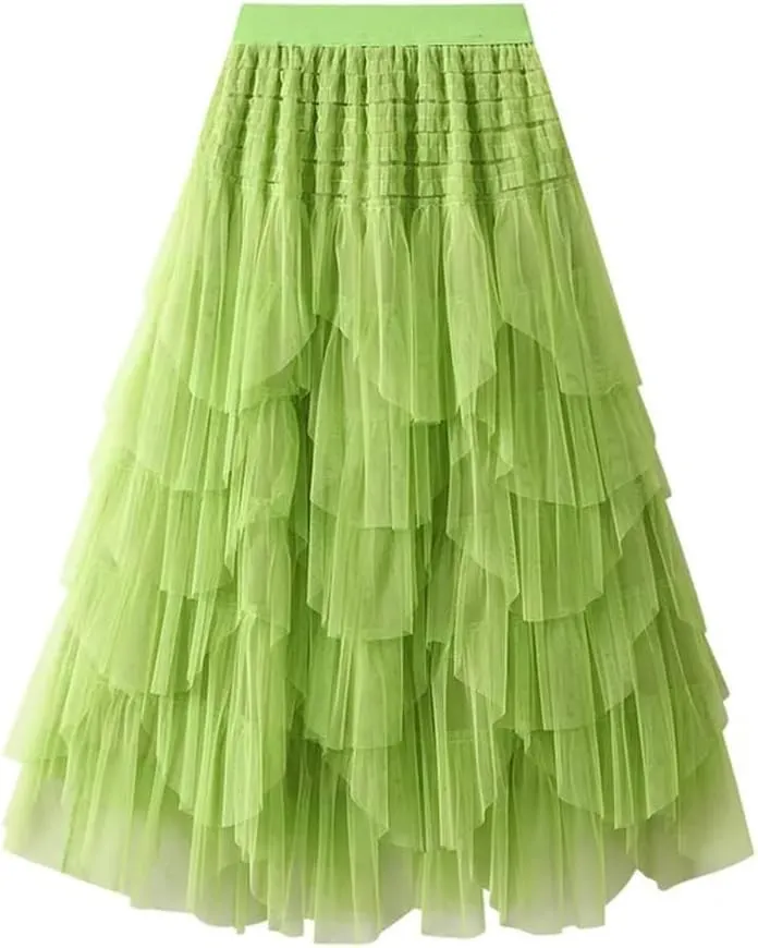Tulle Long Skirt for Women Fashion Irregular Hem A Line High Waist Pleated Maxi Skirt Layered Mesh Midi Skirt