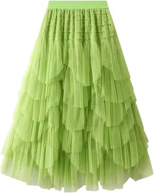 Tulle Long Skirt for Women Fashion Irregular Hem A Line High Waist Pleated Maxi Skirt Layered Mesh Midi Skirt