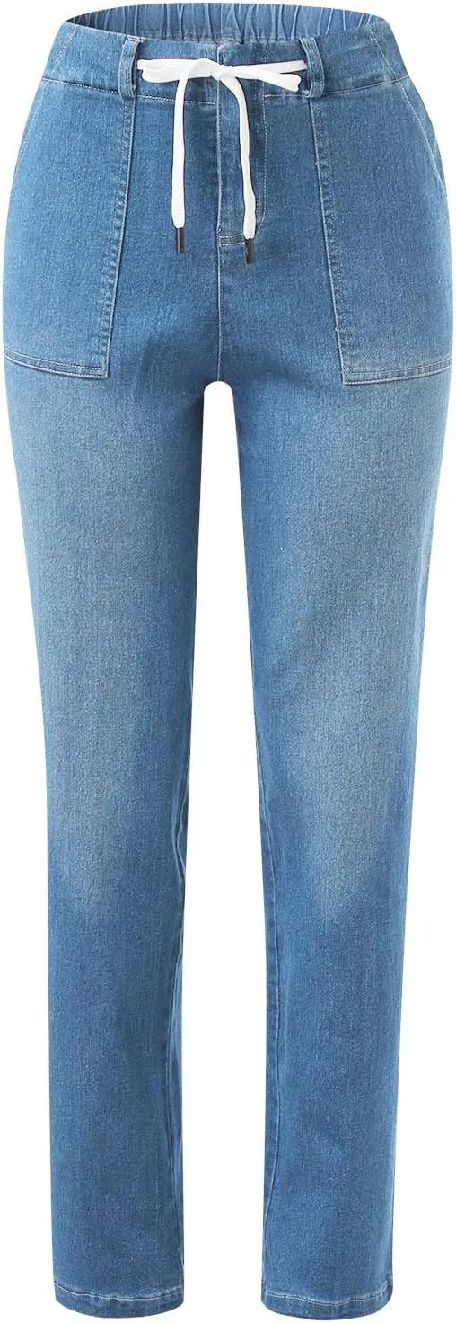 Uillui Stretchy Jeans for Women High Waist Drawstring Straight Leg Denim Trousers Loose Fit Comfortable Wide Leg Jeans Pants
