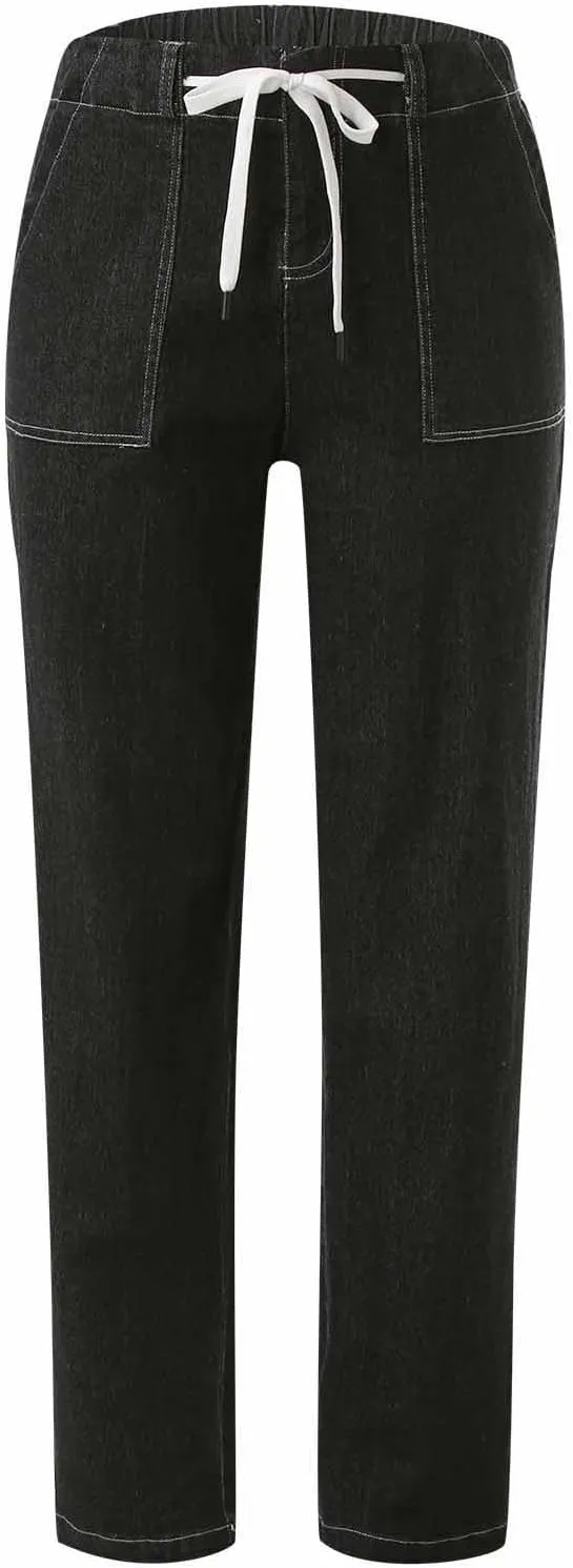 Uillui Stretchy Jeans for Women High Waist Drawstring Straight Leg Denim Trousers Loose Fit Comfortable Wide Leg Jeans Pants
