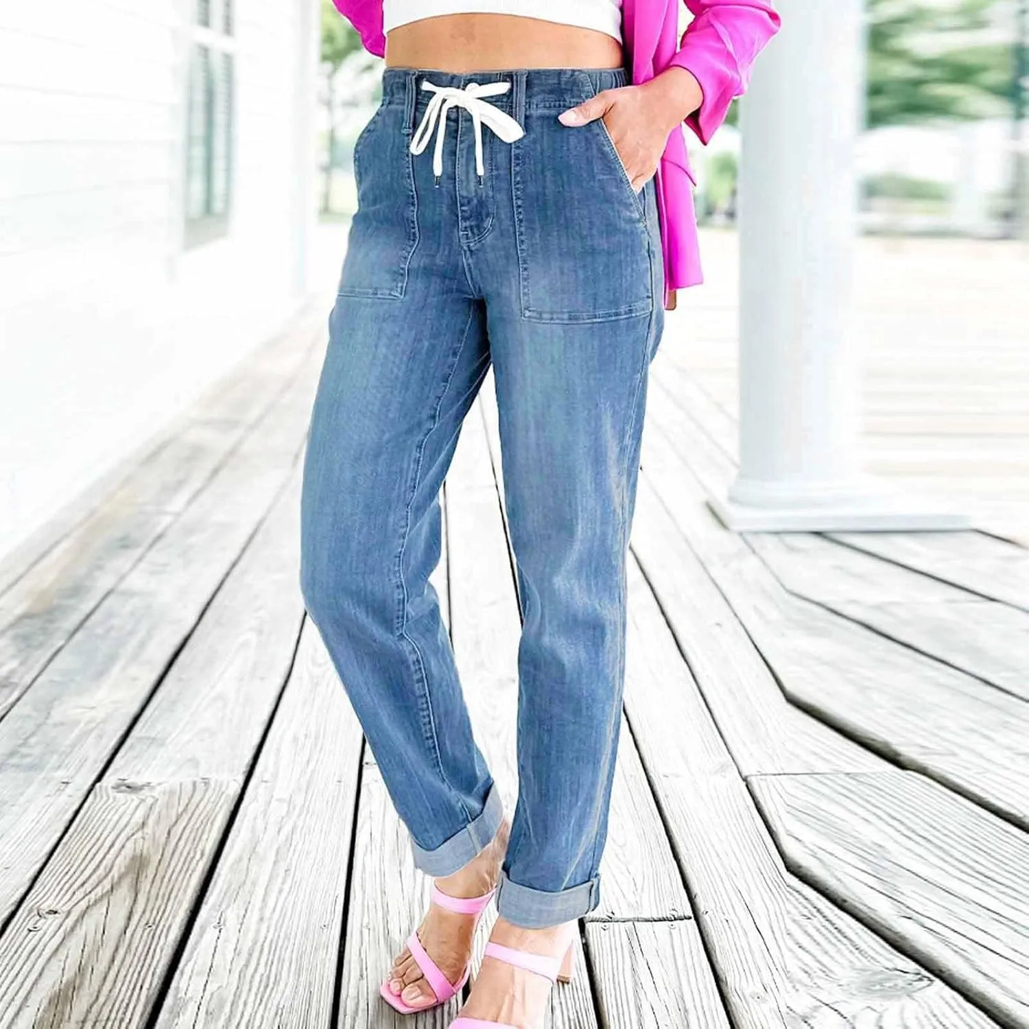 Uillui Stretchy Jeans for Women High Waist Drawstring Straight Leg Denim Trousers Loose Fit Comfortable Wide Leg Jeans Pants