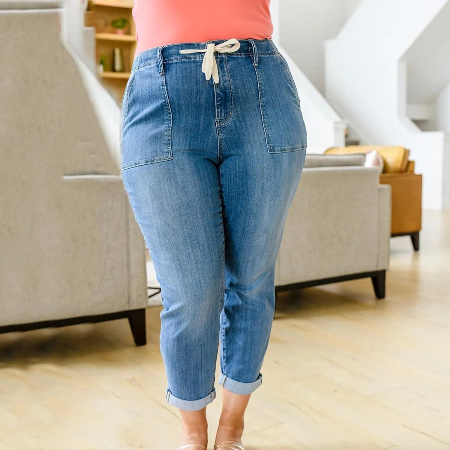 Uillui Stretchy Jeans for Women High Waist Drawstring Straight Leg Denim Trousers Loose Fit Comfortable Wide Leg Jeans Pants