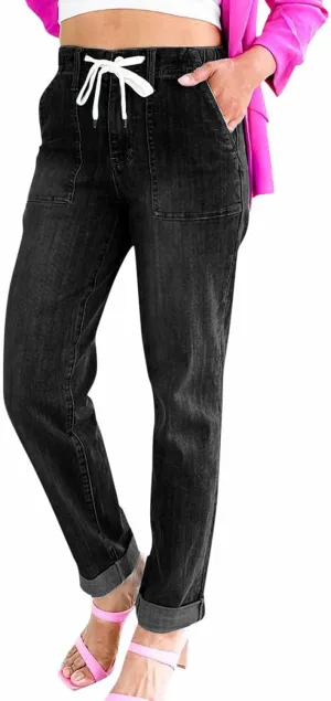 Uillui Stretchy Jeans for Women High Waist Drawstring Straight Leg Denim Trousers Loose Fit Comfortable Wide Leg Jeans Pants