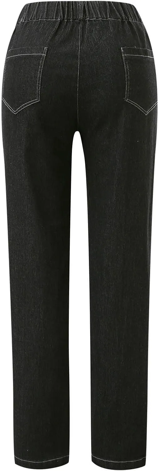 Uillui Stretchy Jeans for Women High Waist Drawstring Straight Leg Denim Trousers Loose Fit Comfortable Wide Leg Jeans Pants