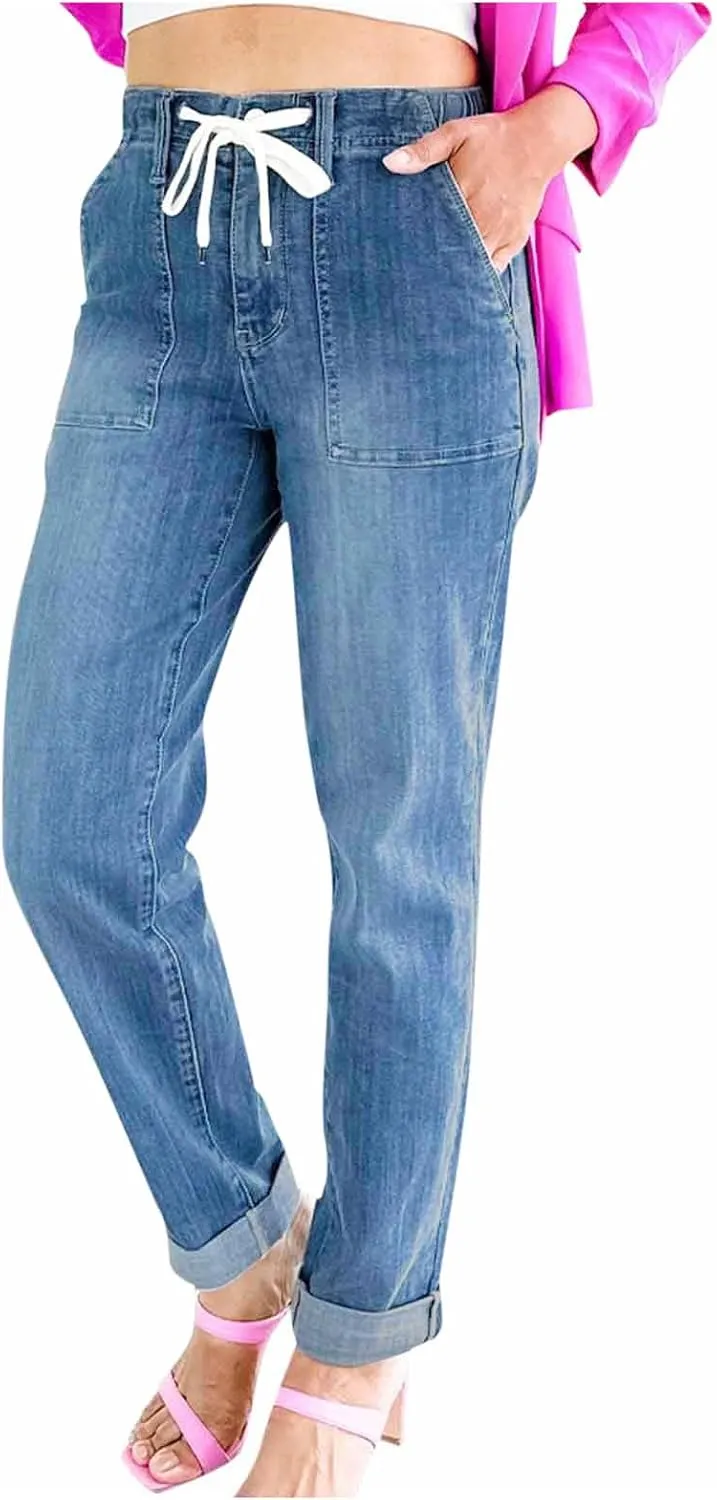 Uillui Stretchy Jeans for Women High Waist Drawstring Straight Leg Denim Trousers Loose Fit Comfortable Wide Leg Jeans Pants