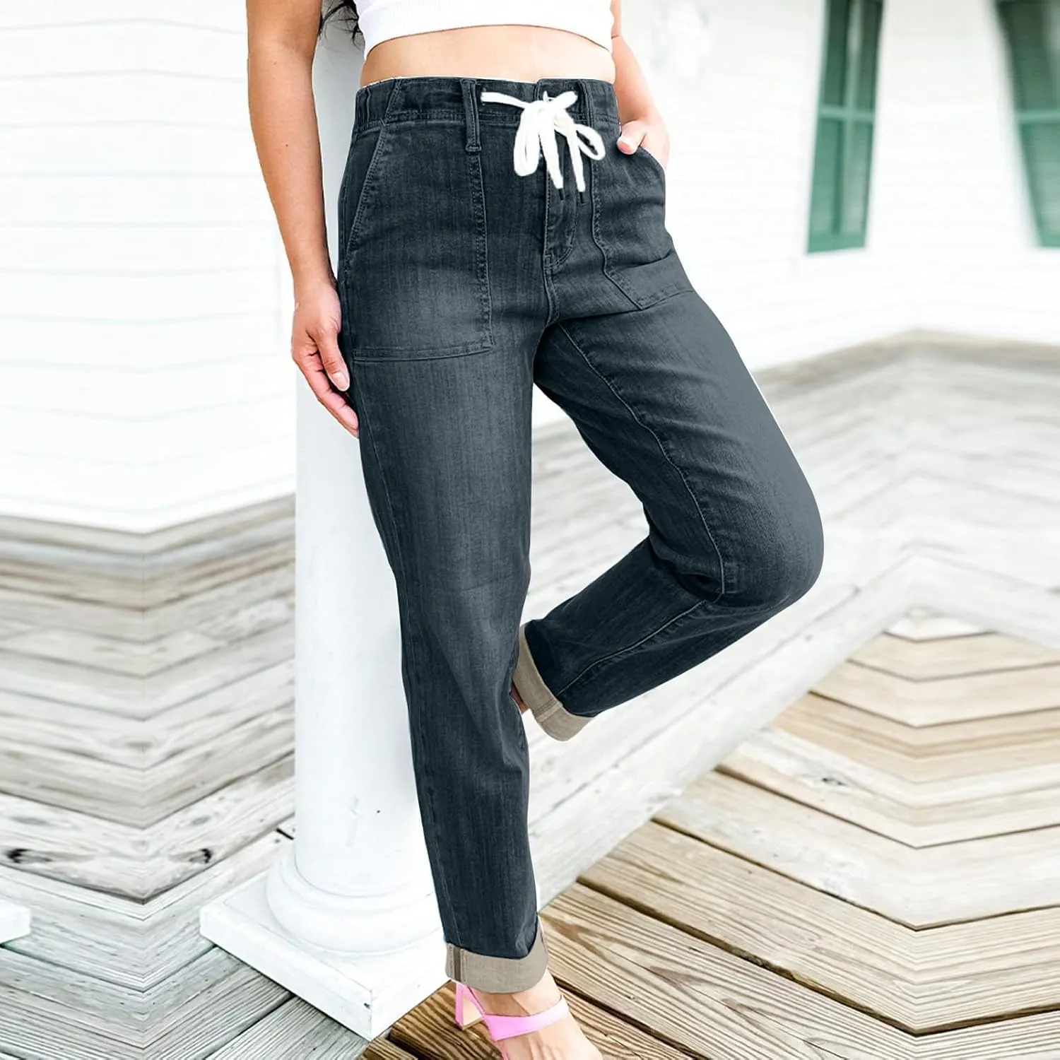 Uillui Stretchy Jeans for Women High Waist Drawstring Straight Leg Denim Trousers Loose Fit Comfortable Wide Leg Jeans Pants