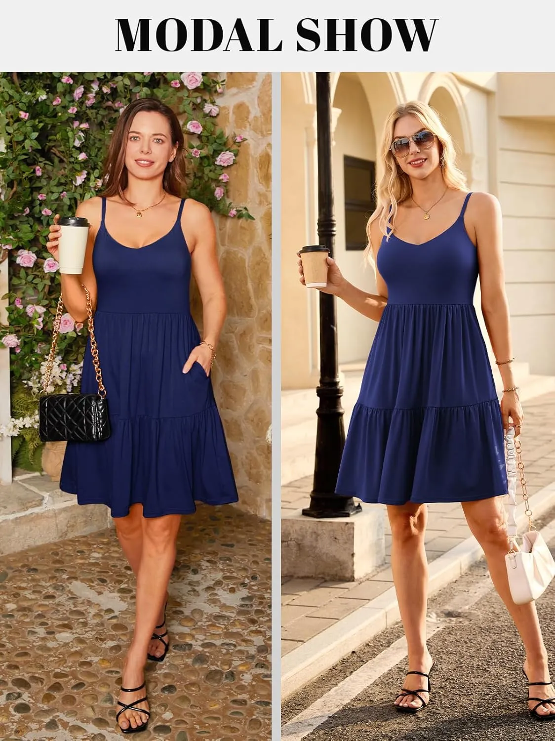 V FOR CITY Women Built-in Bra Summer Dresses 2025 Casual Sundress Adjustable Strap Tiered Cami Dress with Pockets