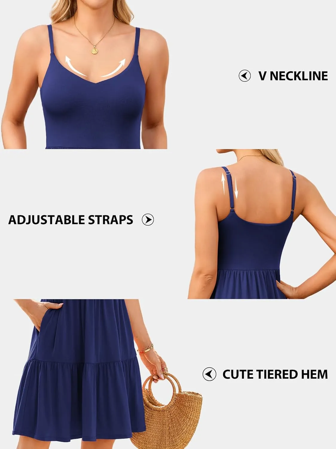 V FOR CITY Women Built-in Bra Summer Dresses 2025 Casual Sundress Adjustable Strap Tiered Cami Dress with Pockets