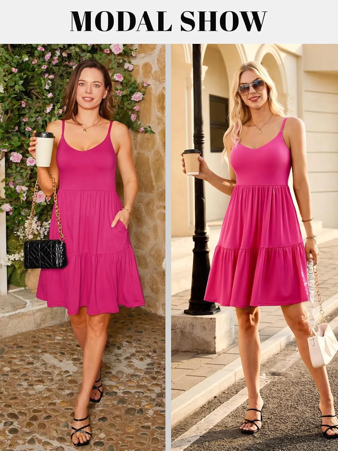 V FOR CITY Women Built-in Bra Summer Dresses 2025 Casual Sundress Adjustable Strap Tiered Cami Dress with Pockets