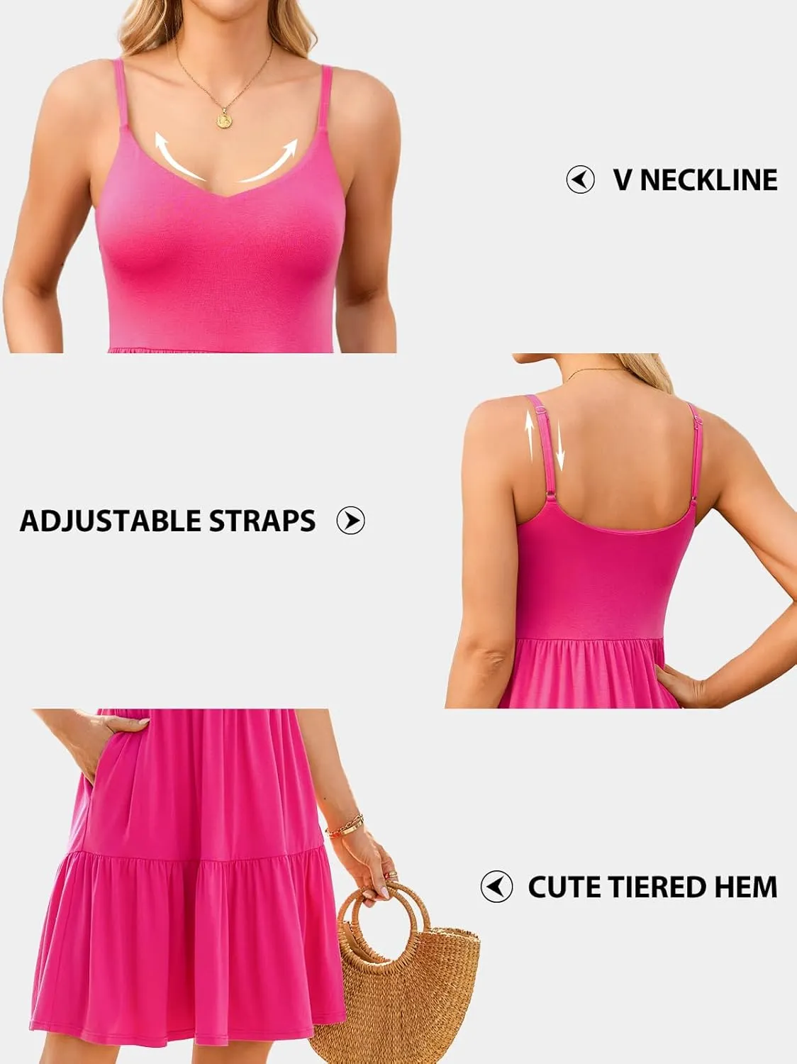 V FOR CITY Women Built-in Bra Summer Dresses 2025 Casual Sundress Adjustable Strap Tiered Cami Dress with Pockets
