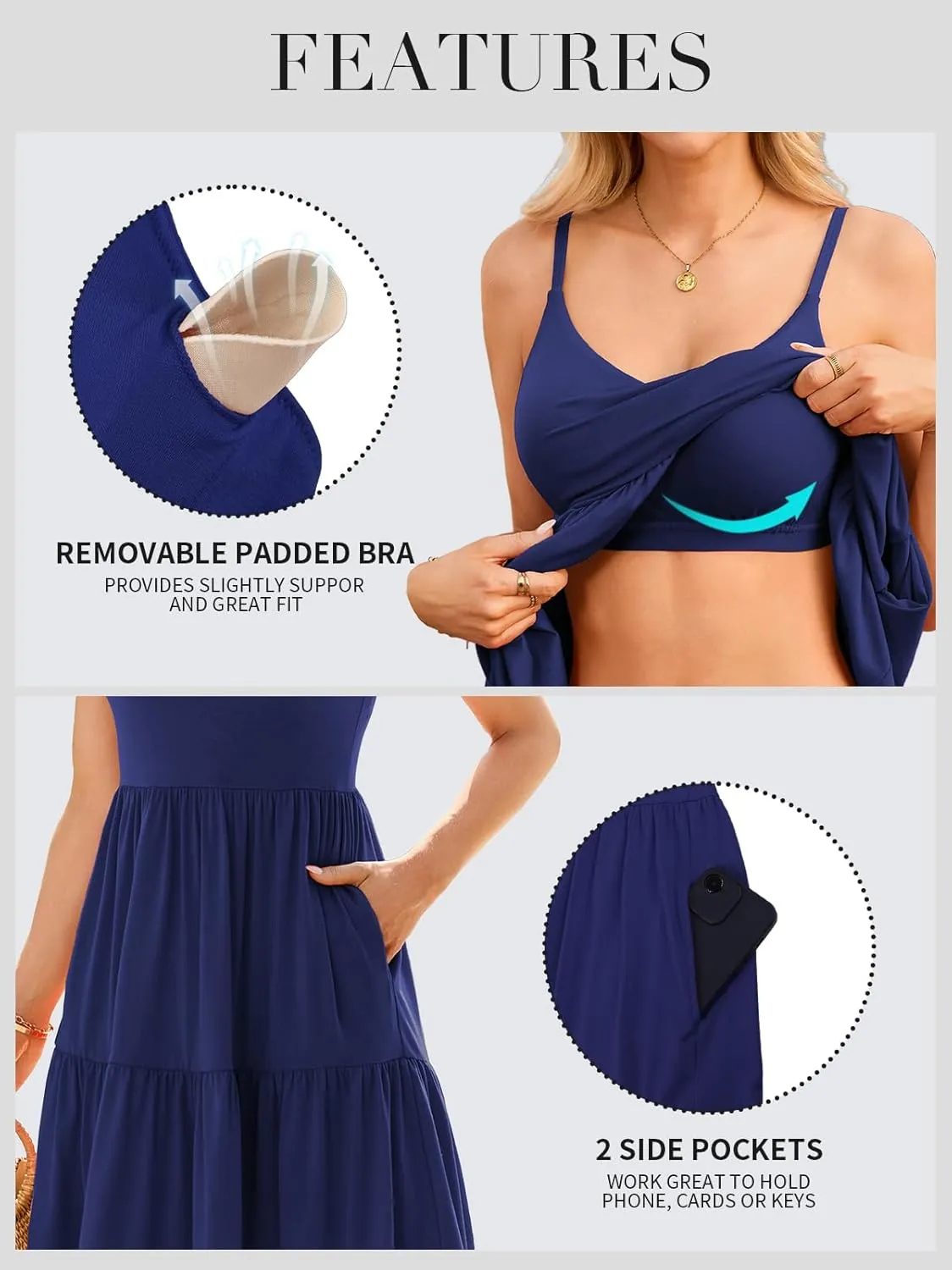 V FOR CITY Women Built-in Bra Summer Dresses 2025 Casual Sundress Adjustable Strap Tiered Cami Dress with Pockets