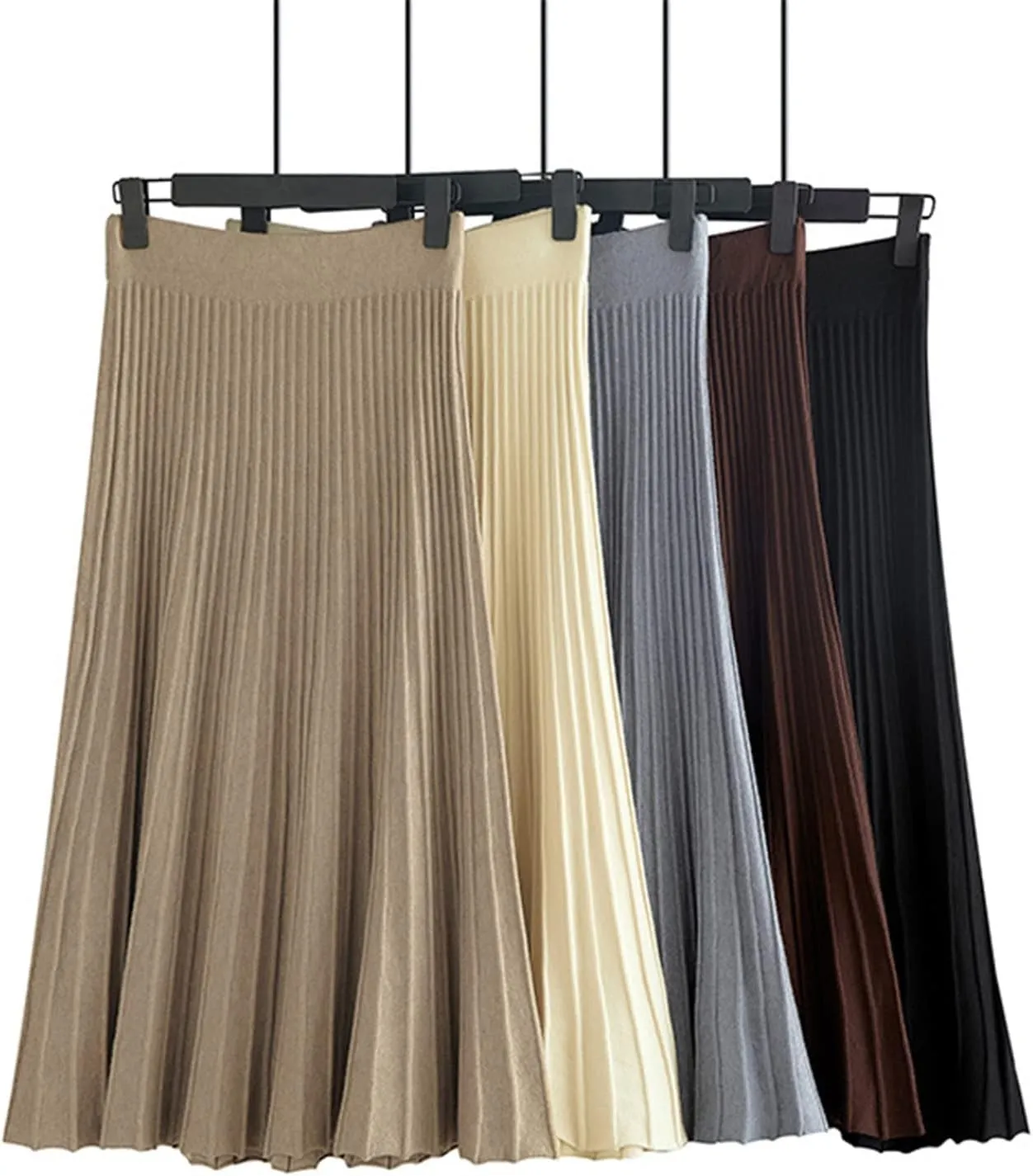 Vertical Striped Knitted Women Sweater Skirt Elastic Band Pleated Midi Skirts Chic High Waist A-Line Skirts