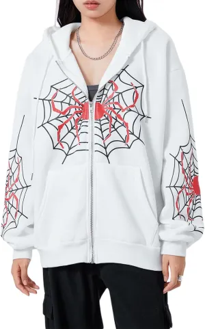 Winioder Women Y2K Spider Zip Up Hoodie Jacket Punk Goth Grunge Aesthetic Oversized Hoodies Vintage Graphic Sweatshirt