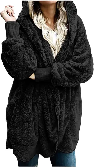 Winter Coats for Women 2024 Plus Size Long Sleeve Fuzzy Fleece Jacket Hooded Casual Warm Open Front Cardigans Outwear