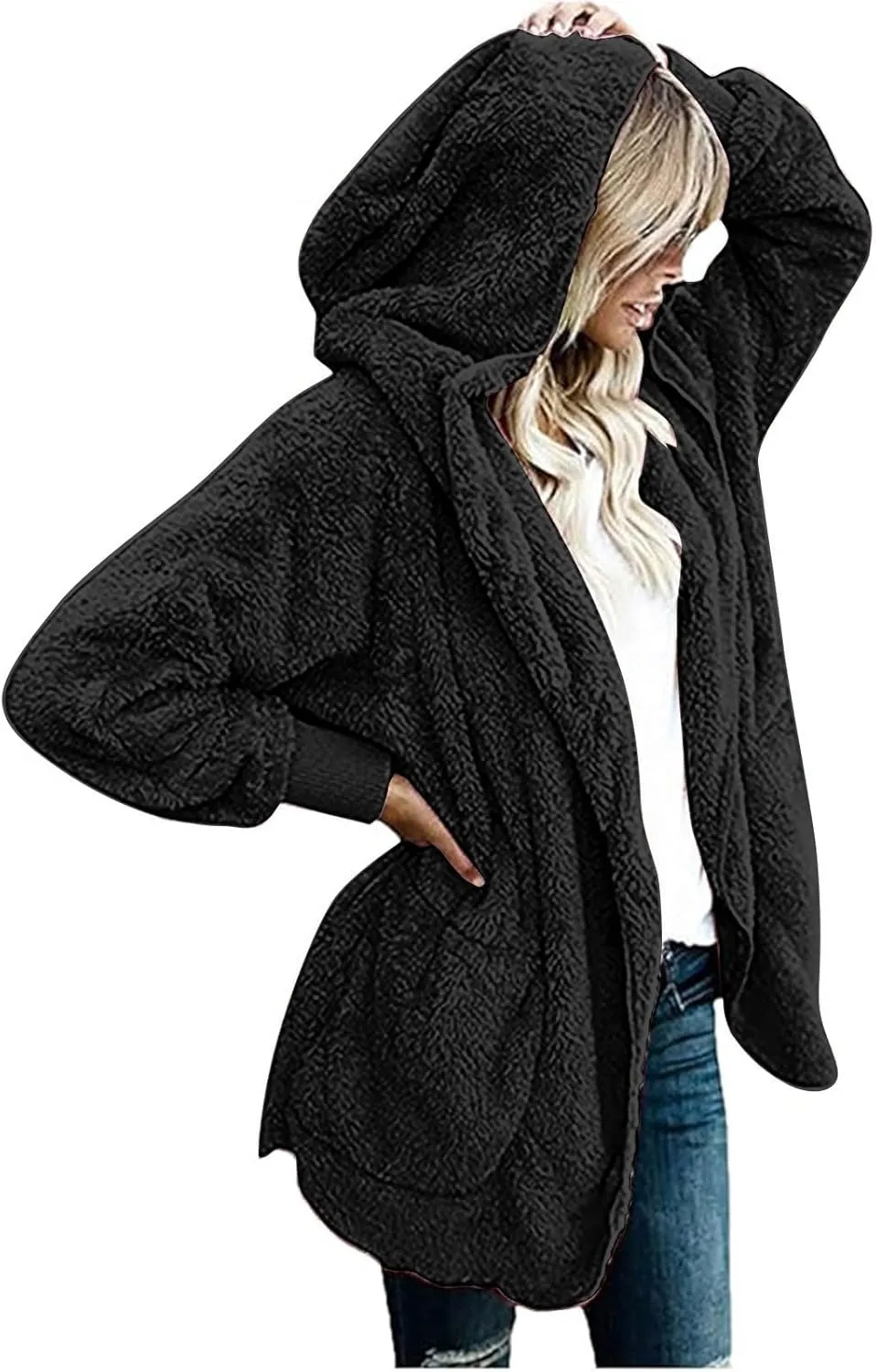 Winter Coats for Women 2024 Plus Size Long Sleeve Fuzzy Fleece Jacket Hooded Casual Warm Open Front Cardigans Outwear