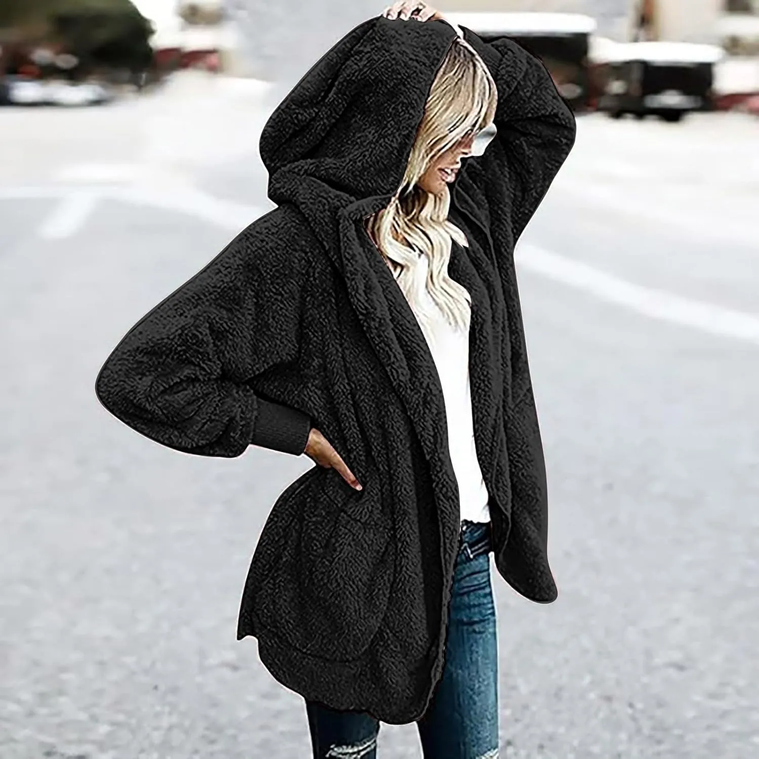 Winter Coats for Women 2024 Plus Size Long Sleeve Fuzzy Fleece Jacket Hooded Casual Warm Open Front Cardigans Outwear