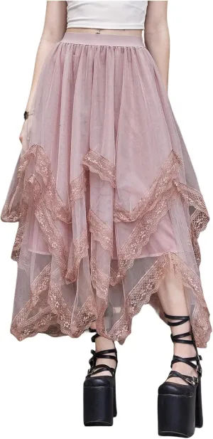 Womans Goth Lace Maxi Skirt A-Line Elastic High Waist Flowy Trim Layered Mesh Tulle Midi Skirts