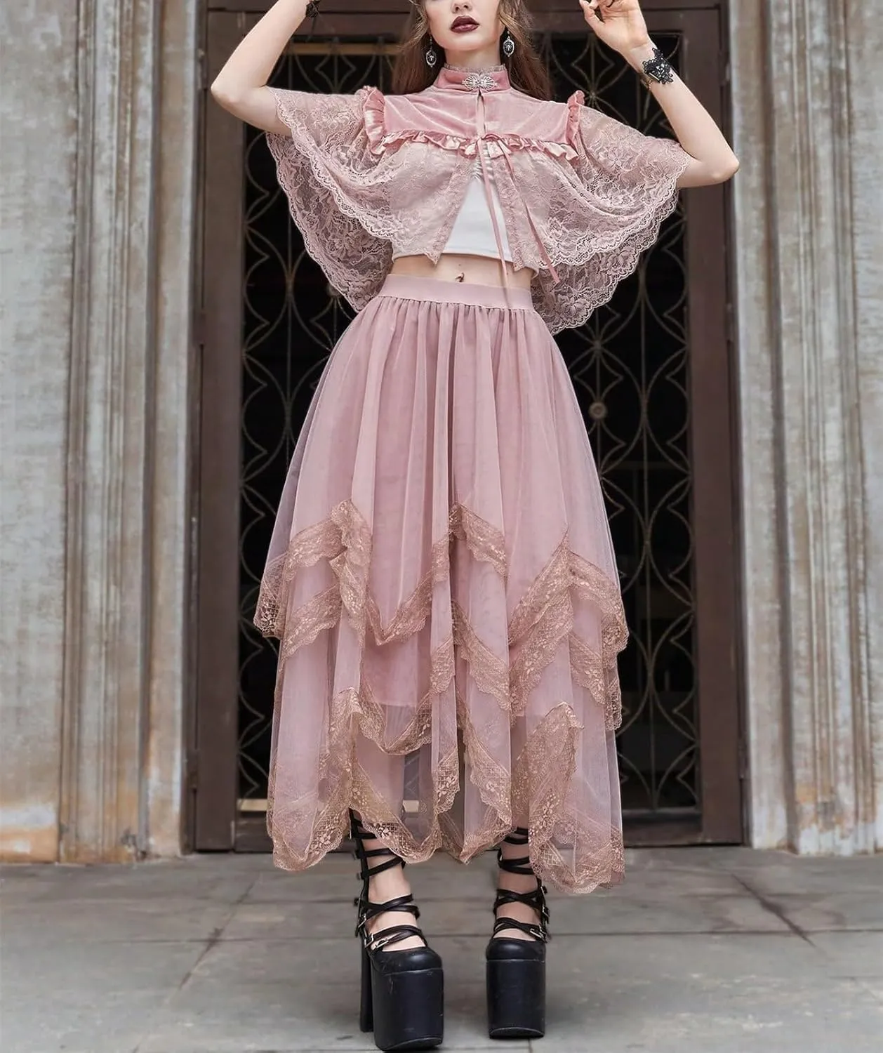 Womans Goth Lace Maxi Skirt A-Line Elastic High Waist Flowy Trim Layered Mesh Tulle Midi Skirts