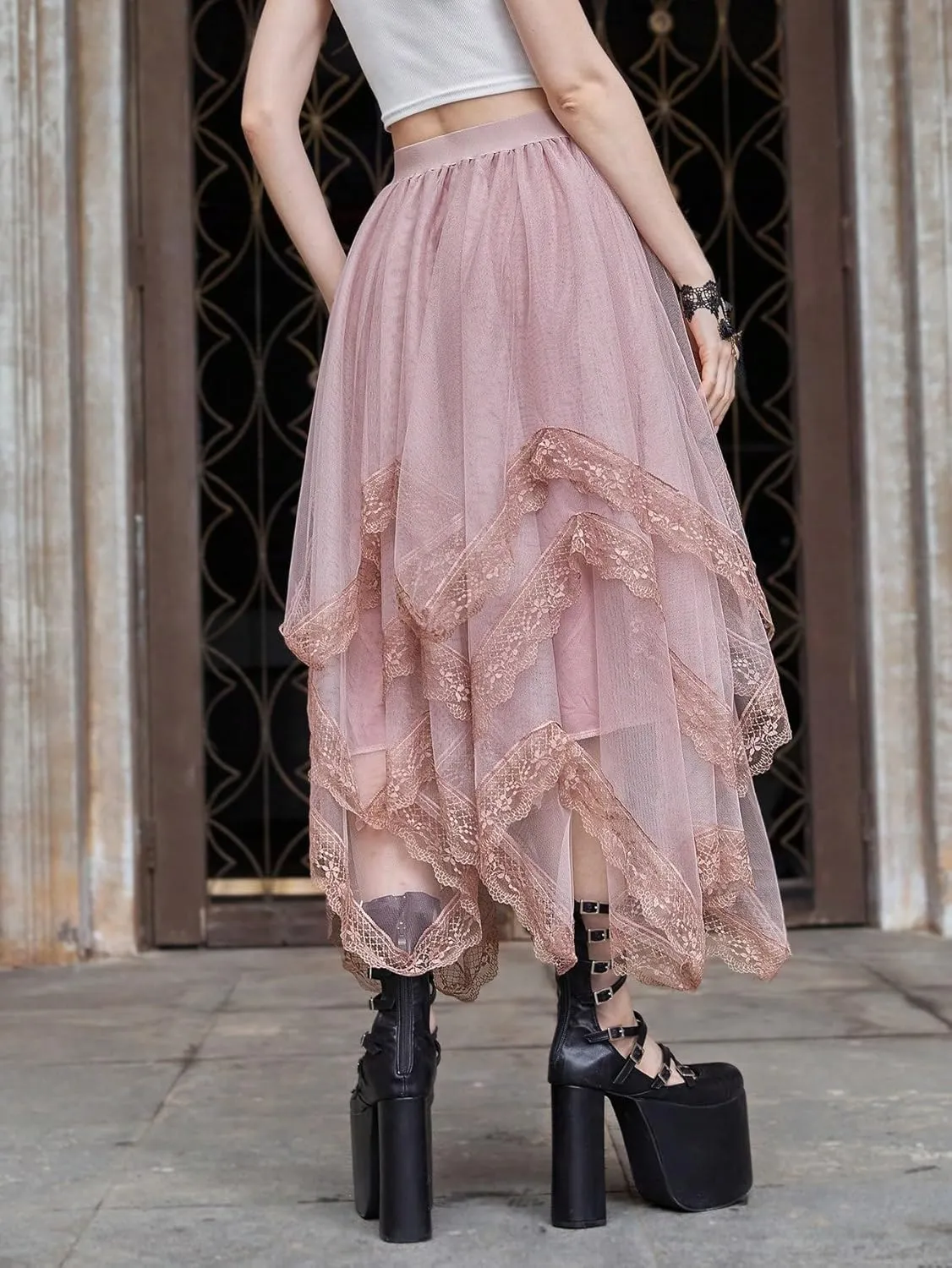 Womans Goth Lace Maxi Skirt A-Line Elastic High Waist Flowy Trim Layered Mesh Tulle Midi Skirts